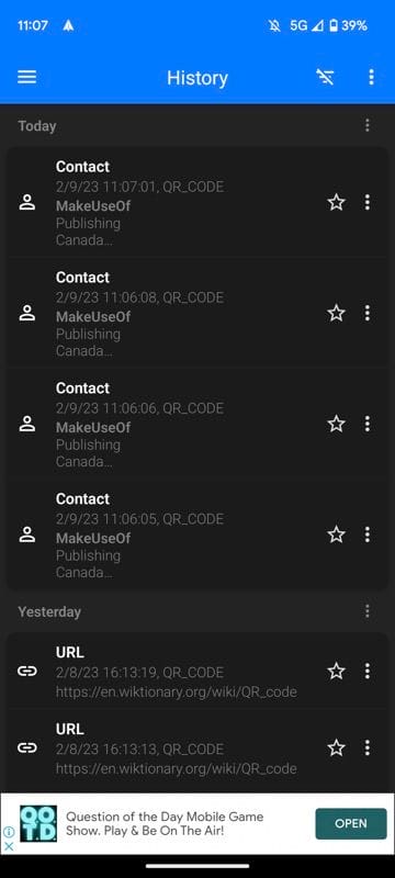 Historial de escaneo del escáner de código de barras y QR