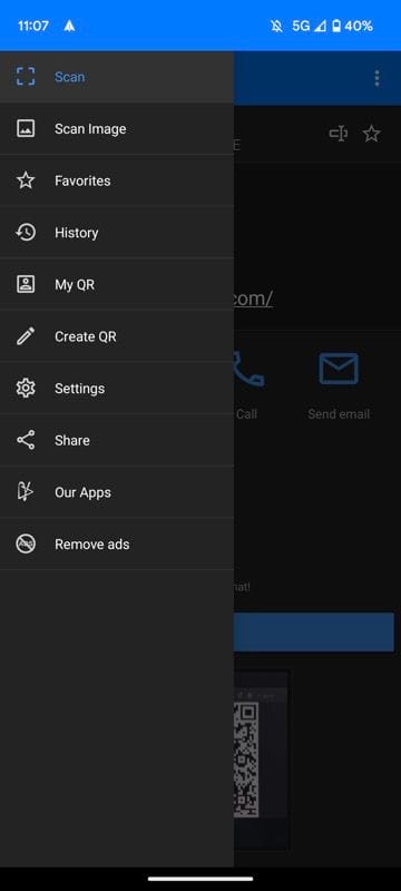 Opciones de la barra lateral del escáner de código de barras y QR