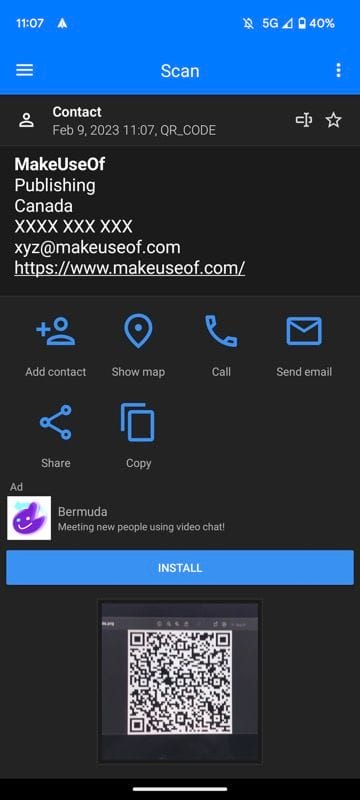 información del código QR escaneado