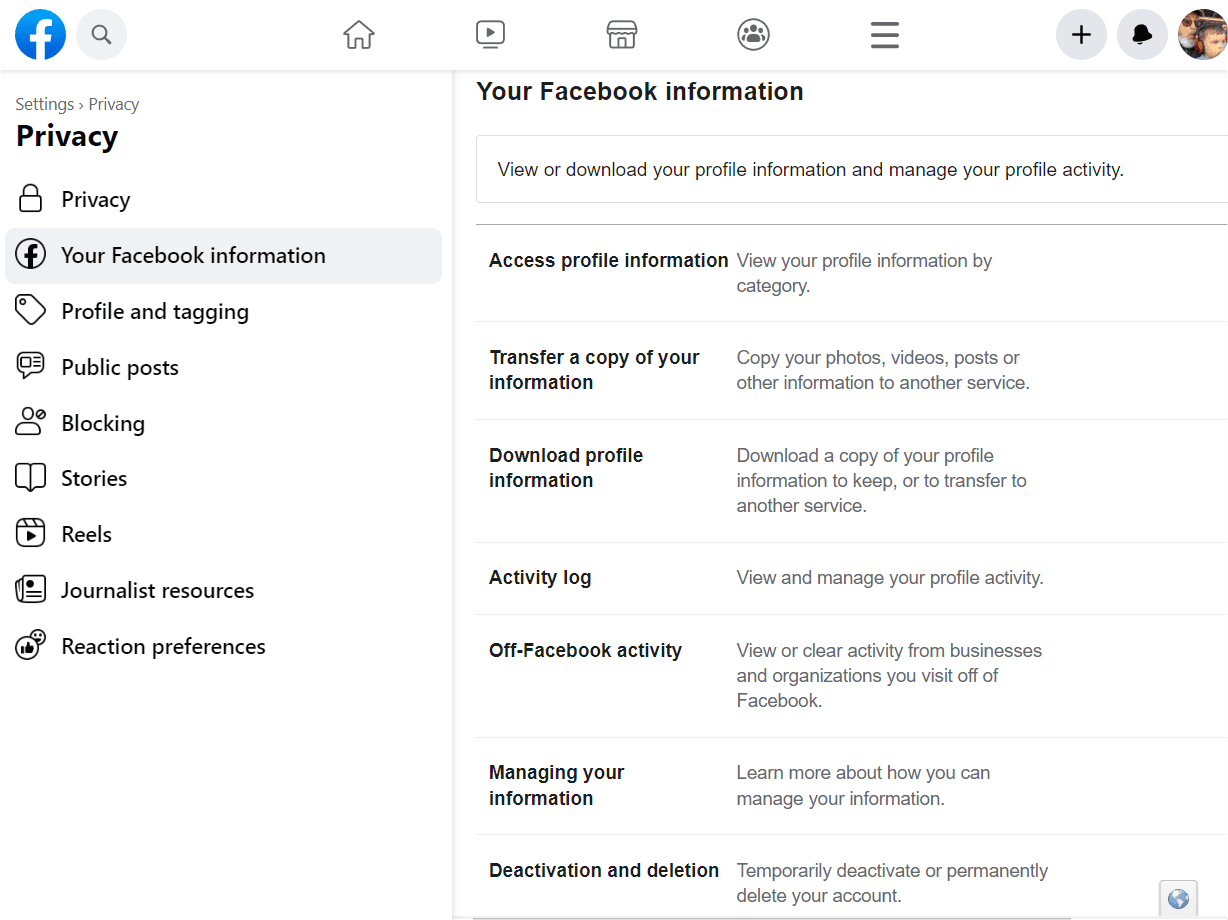captura de pantalla de desactivación y eliminación de facebook