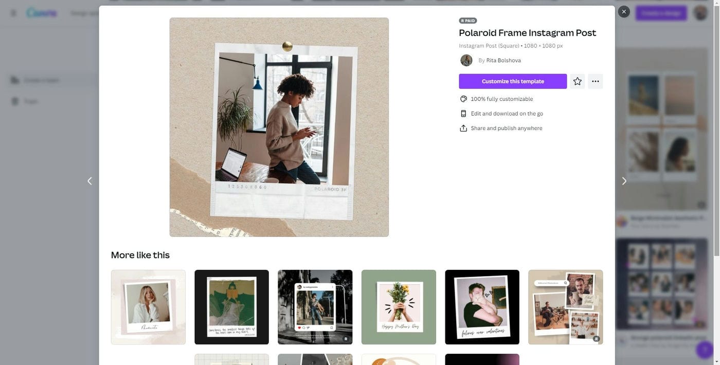 Abre la plantilla Polaroid en Canva