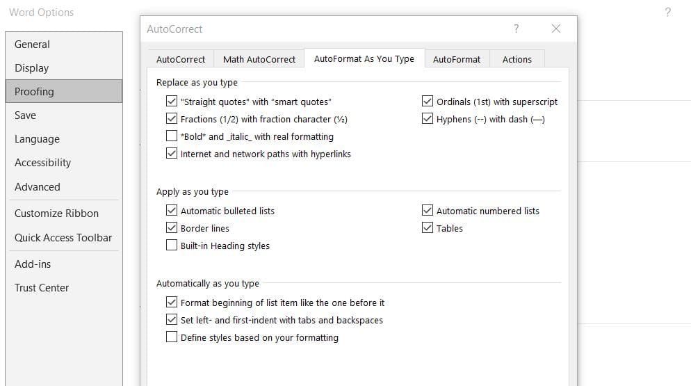 La pestaña Formato automático mientras escriba